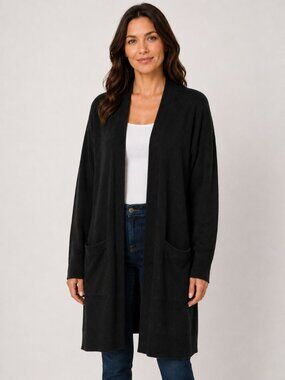 Wilde 1X Black Ribbed Hooded Long Open Front Cardigan Pockets